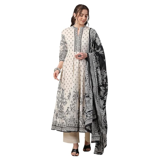 Biba Women White Cotton Anarkali Suit Set_34
